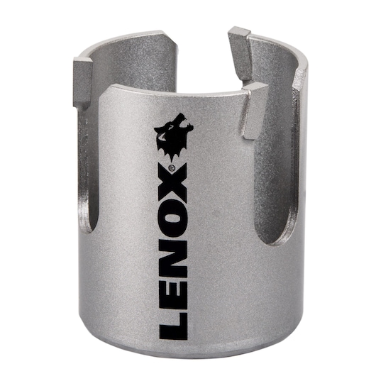 Photo of LENOX hole saw LXAH42141, silver cylindrical tool, front angle, black logo on the side.