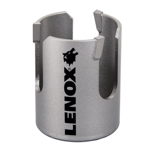 LENOX hole saw LXAH4218, silver cylindrical metal tool, front angle on white background.