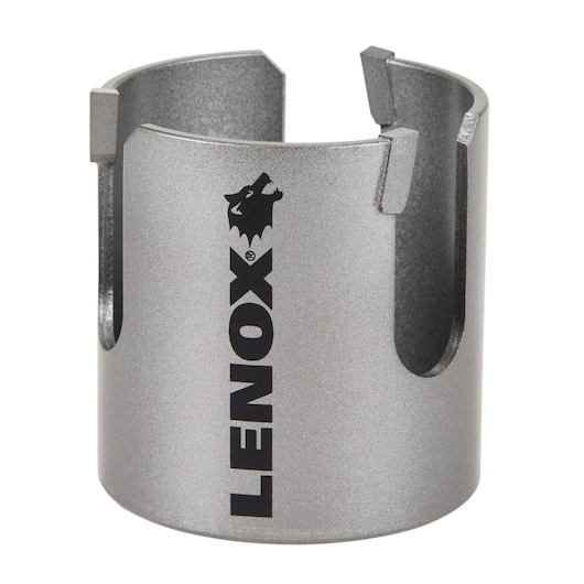 Photo of LENOX LXAH429162 silver hole saw, side angle, with black logo and open slots on white background.