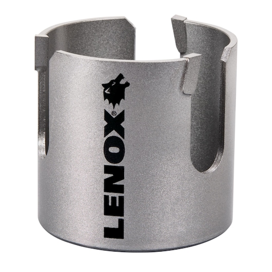 LENOX LXAH431 silver hole saw with vertical logo, straight-on angle, white background.
