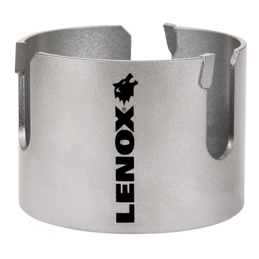 Front angle photo of LENOX hole saw, metallic silver, with black logo, SKU LXAH4358.