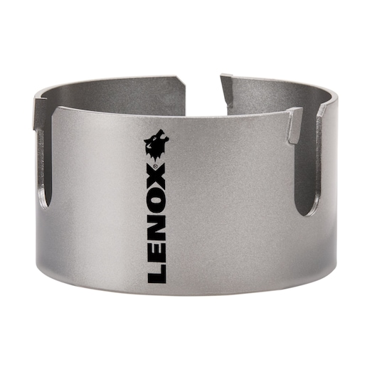 Photo of LENOX hole saw LXAH4458, silver cylindrical tool with vertical slots, front angle on white background.
