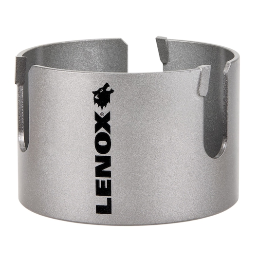 Photo of LENOX hole saw LXAH44, silver cylindrical metal blade with vertical logo, front angle, white background.