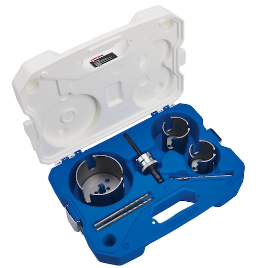LENOX LXAH47SET hole saw set with four hole saws, arbors, and accessories in a blue and white hard case, top view.