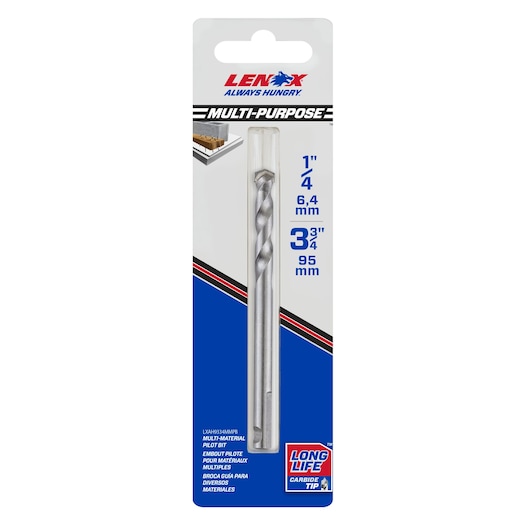 LENOX LXAH9334MMPB multi-purpose pilot drill bit in packaging, 6.4mm x 95mm, carbide tip, front angle, white background.
