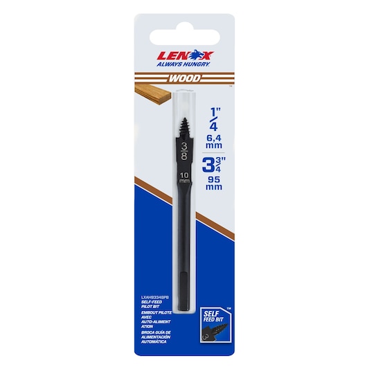 LENOX LXAH9334SPB wood self-feed pilot bit, 3/8 inch, straight angle, in blue and white packaging.