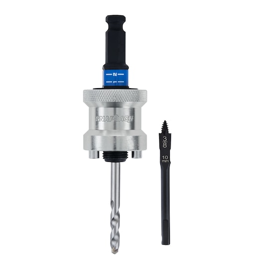 LENOX hole saw arbor set LXAH9912CPBM with drill bit and 3/8 inch tap, front angle on white background.
