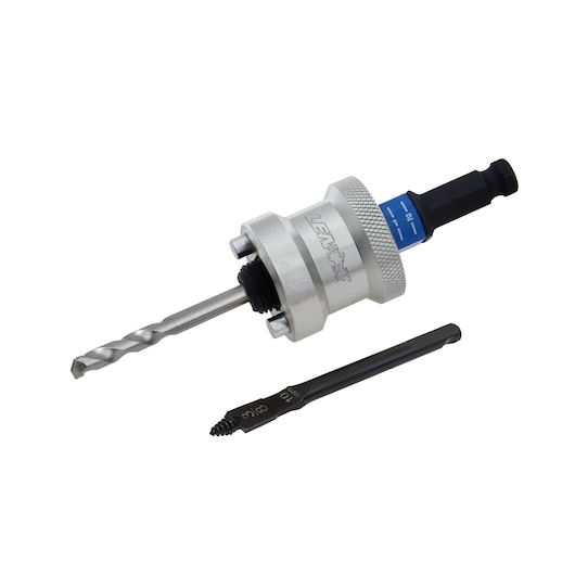 LENOX LXAH9912CPBM hole saw arbor with pilot drill bit and extra bit, side angle on white background.