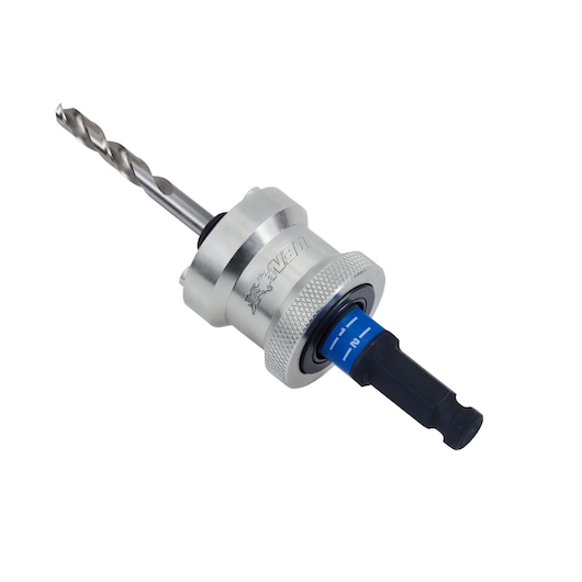LENOX drill bit adapter LXAH9912CPBM with metal body and blue accent, side angle on white background.
