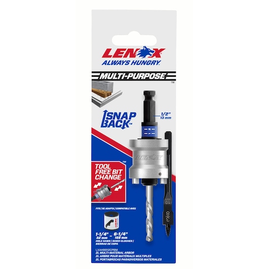 LENOX multi-purpose hole saw arbor LXAH9912CPBM, front angle, Snap Back tool-free bit change.