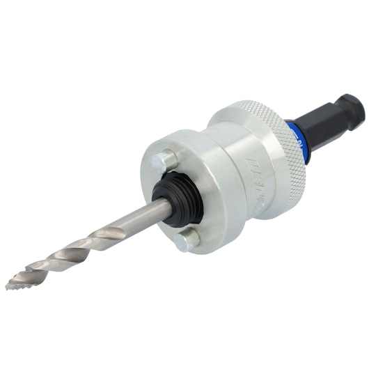 Photo of LENOX LXAH9912PBM metal drill bit arbor with textured grip, side angle on white background.