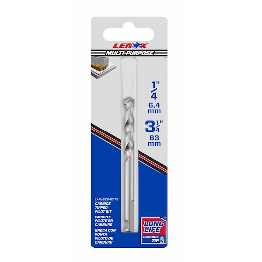 LENOX carbide tipped pilot bit LXAH99314CTPB in retail packaging, front view, 1/4 inch size.