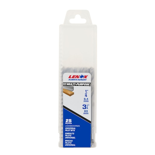 Photo of LENOX LXAH99314PB25 multi-purpose universal pilot bits 25-piece set in clear plastic case, front angle.