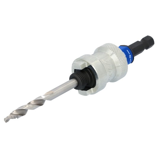 A close-up image of a Lenox hole saw arbor with a pilot drill bit attached. The metal arbor features a hex shank, a knurled grip, and a blue ring near the end, designed for use with hole saws in drilling applications.