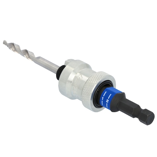 A close-up view of a metal drill bit and adjustable hex shank tool attachment with a blue adjustment dial. The tool is photographed against a white background.
