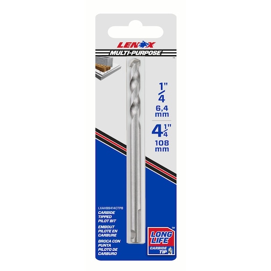 Photo of LENOX LXAH99414CTPB multi-purpose carbide tipped pilot bit, 1/4 inch, 4-1/4 inches long, in packaging front view.