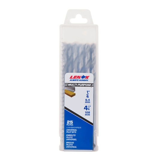 Photo of LENOX LXAH99414PB25 multipurpose pilot bits set, 25 pieces, in clear plastic case, front view.