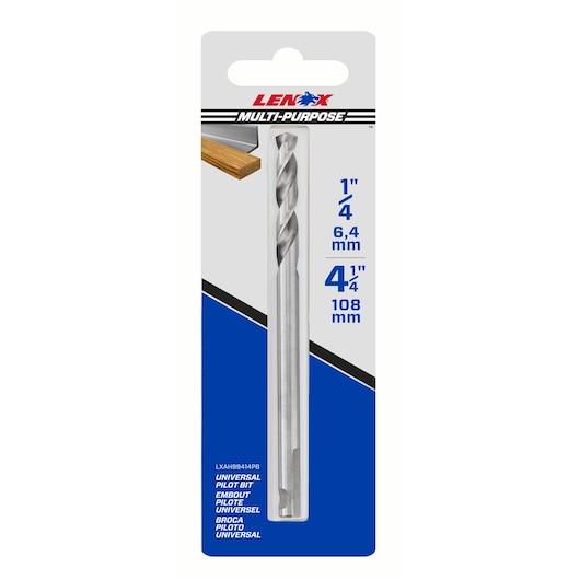 LENOX multi-purpose universal pilot drill bit, quarter inch, silver, in retail packaging, LXAH99414PB, front view.