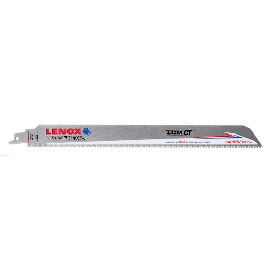 Photo of LENOX LXAR12108CT-1 thick metal reciprocating saw blade with carbide tip, silver color, side view on white background.