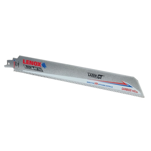 LENOX carbide-tipped reciprocating saw blade for thick metal, silver with red and blue accents, LXAR12108CT-1, side view.