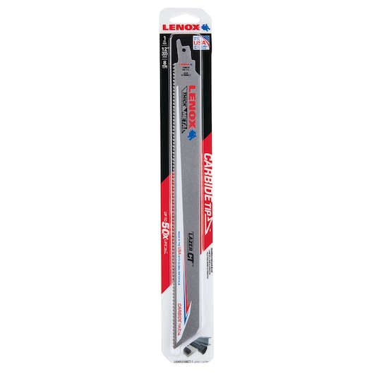 LENOX LXAR12108CT-1 carbide tipped reciprocating saw blade in retail packaging, front angle, photography.