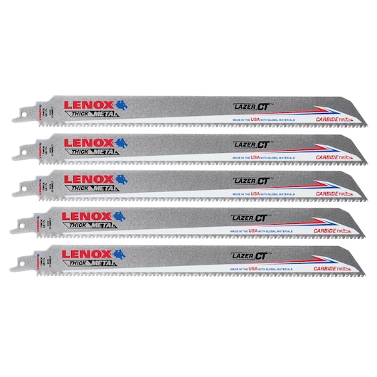 Photo of five LENOX reciprocating saw blades LXAR12108CT for thick metal, gray with red, blue, and black text, side angle.