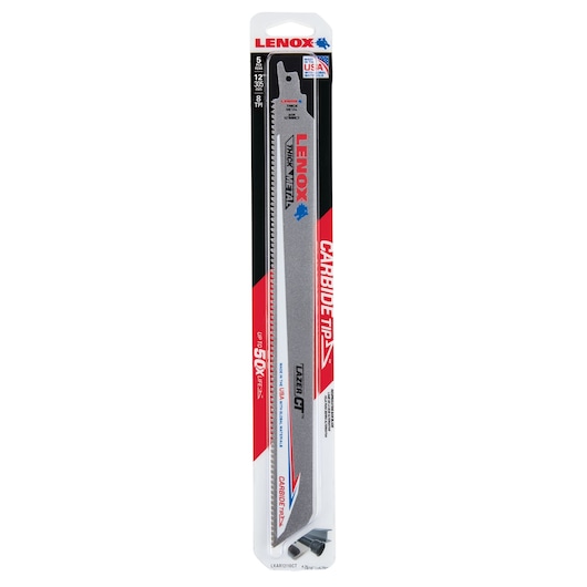 LENOX LXAR12108CT carbide tipped reciprocating saw blade for thick metal in retail packaging, front view on white background.