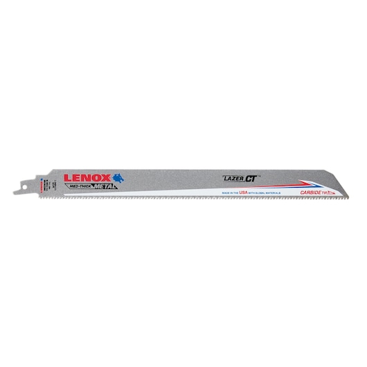 Photo of LENOX LXAR12110CT-1 silver reciprocating saw blade for metal, straight angle, with carbide teeth and printed branding.
