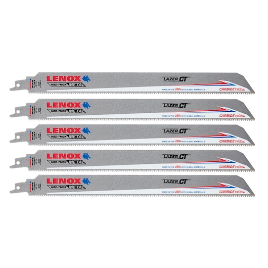 LENOX metal reciprocating saw blades pack SKU LXAR12110CT, silver color, side view on white background.