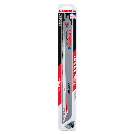 LENOX carbide tip metal reciprocating saw blade, 12-inch, SKU LXAR12110CT, front view on white background.