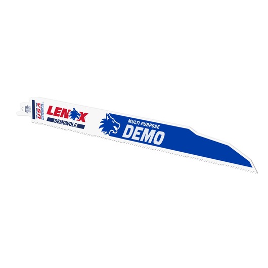 Photo of LENOX LXAR1250R reciprocating saw blade, white with blue accents, DEMOWOLF branding, straight angle.