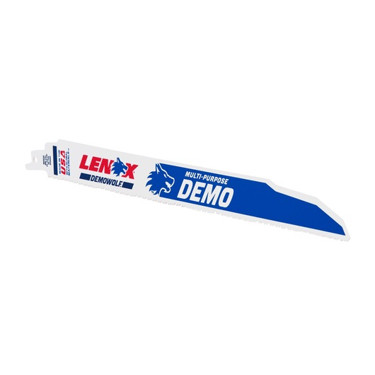 LENOX LXAR1250R reciprocating saw blade demo, white blade with blue DEMO branding, angled tip, product photography.