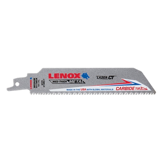 LENOX carbide tip reciprocating saw blade for medium-thick metal, side angle, SKU LXAR6110CT-1.