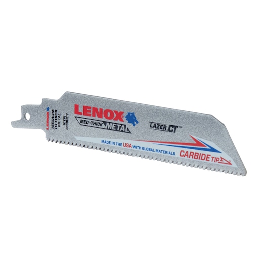 LENOX carbide tip reciprocating saw blade LXAR6110CT-1 for medium-thick metal, side angle on white background.