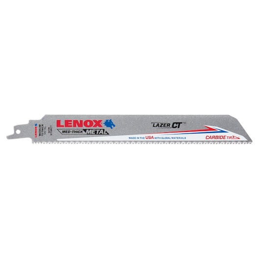 LENOX LXAR9110CT-1 reciprocating saw blade for medium-thick metal, silver blade with carbide tip, side angle.