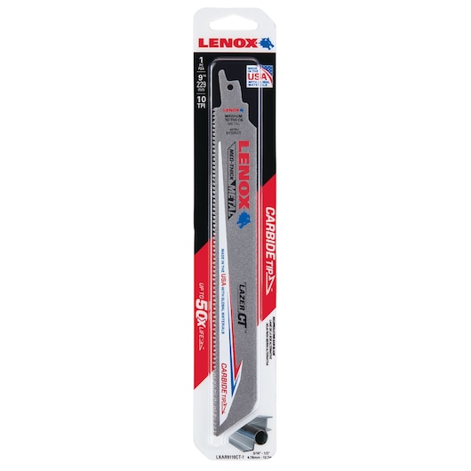 Photo of LENOX carbide-tipped reciprocating saw blade, 9 inch, silver with red and blue details, SKU LXAR9110CT-1, front angle.