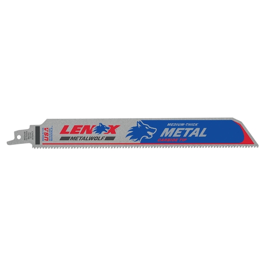 LENOX LXAR9110CT reciprocating saw blade for metal, medium-thick carbide tip, gray with red and blue branding, side angle.