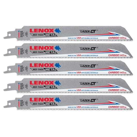 LENOX LXAR9110CT reciprocating saw blades set, gray with red, blue, and black text, carbide tip, side view, 5-pack.