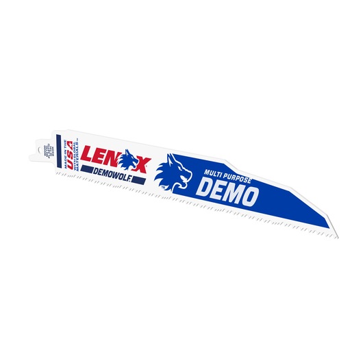 LENOX LXAR950R demolition reciprocating saw blade, white with blue and red branding, angled product photo.