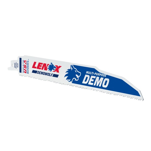 Photo of LENOX LXAR950R reciprocating saw blade, white with blue and red DEMOWOLF and DEMO labels, angled on white background.