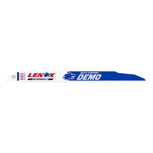 LENOX LXARB1250R multi-purpose demo reciprocating saw blade, white and blue, side view on white background.