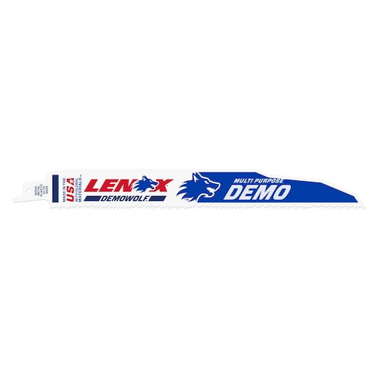 LENOX DEMOWOLF multipurpose reciprocating saw blade LXARB950R, white with blue and red graphics, side angle.
