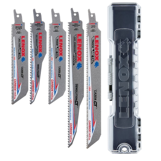 Photo of LENOX LXARCT5SET reciprocating saw blade set with five silver blades and clear plastic storage case, front view.