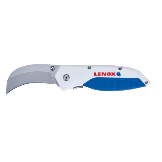 LENOX LXHT10598 folding hawkbill knife with white and blue handle, side view on white background.