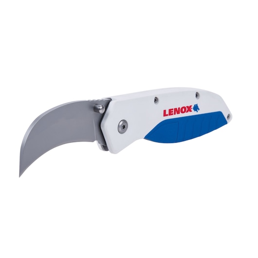 LENOX LXHT10598 curved folding knife with white handle and blue grip, product side view on white background.