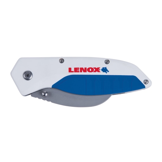 LENOX LXHT10598 folding utility knife with white and blue handle, side view on white background.