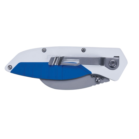 LENOX utility knife LXHT10598, blue and silver, side angle on white background.