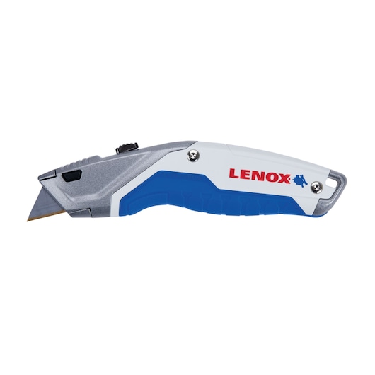 LENOX LXHT10599 utility knife with blue and white handle, left side angle on white background.
