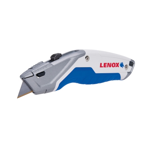 LENOX LXHT10599 utility knife, silver and blue handle, side angle, white background.