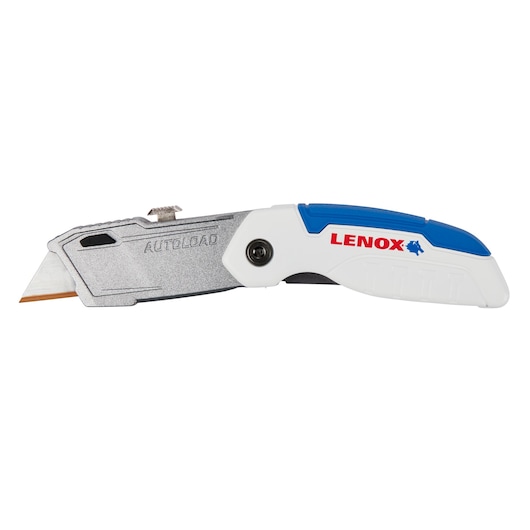 Photo of LENOX LXHT10600 utility knife with autoload feature, white and blue handle, side angle.